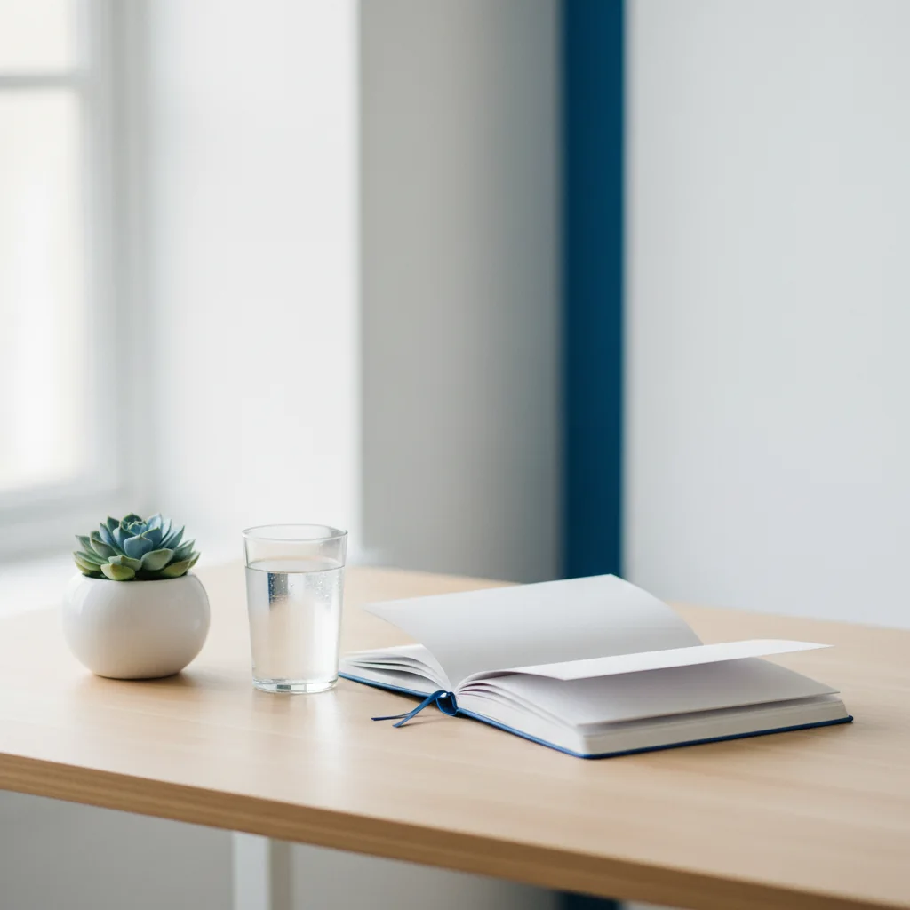 A calm workspace with a notebook, a potted plant and a glass of water on a light wooden desk