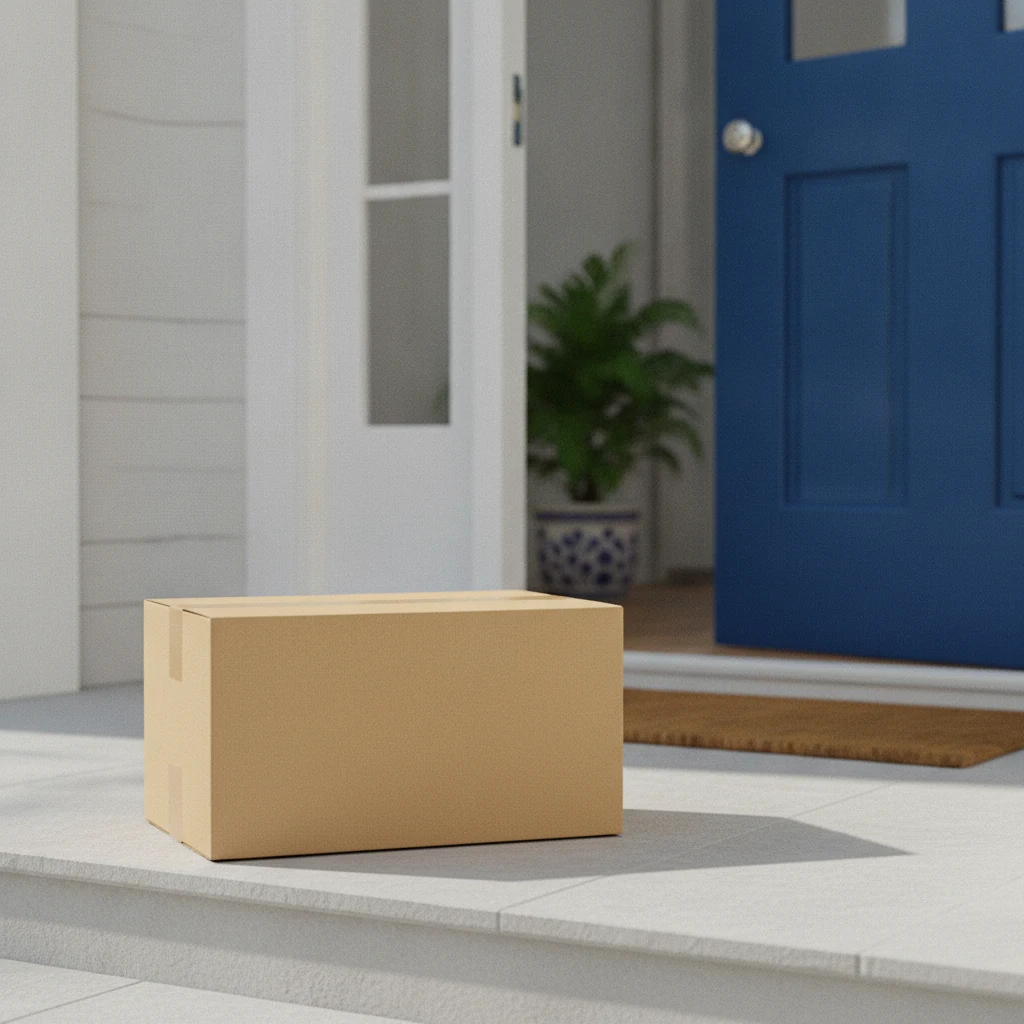 A sealed plain kraft delivery box placed neatly on a doorstep near a bright entrance