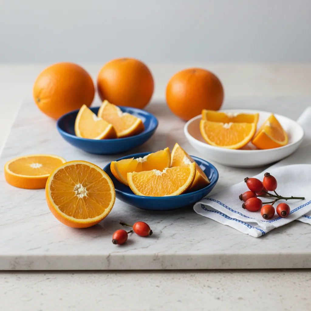 Fresh oranges, rosehip berries and green leaves arranged on a light stone surface