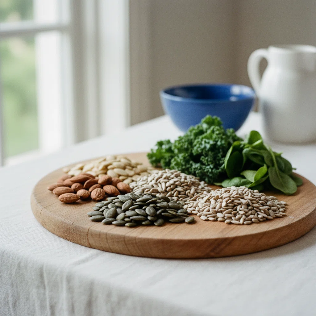 A selection of almonds, pumpkin seeds and dark leafy greens on a wooden board