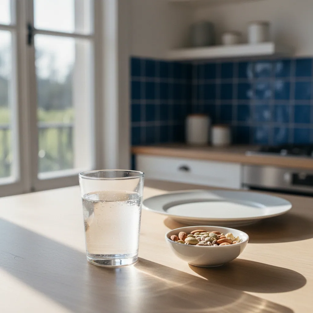 A glass of water and breakfast on a bright kitchen table ready for a morning supplement routine